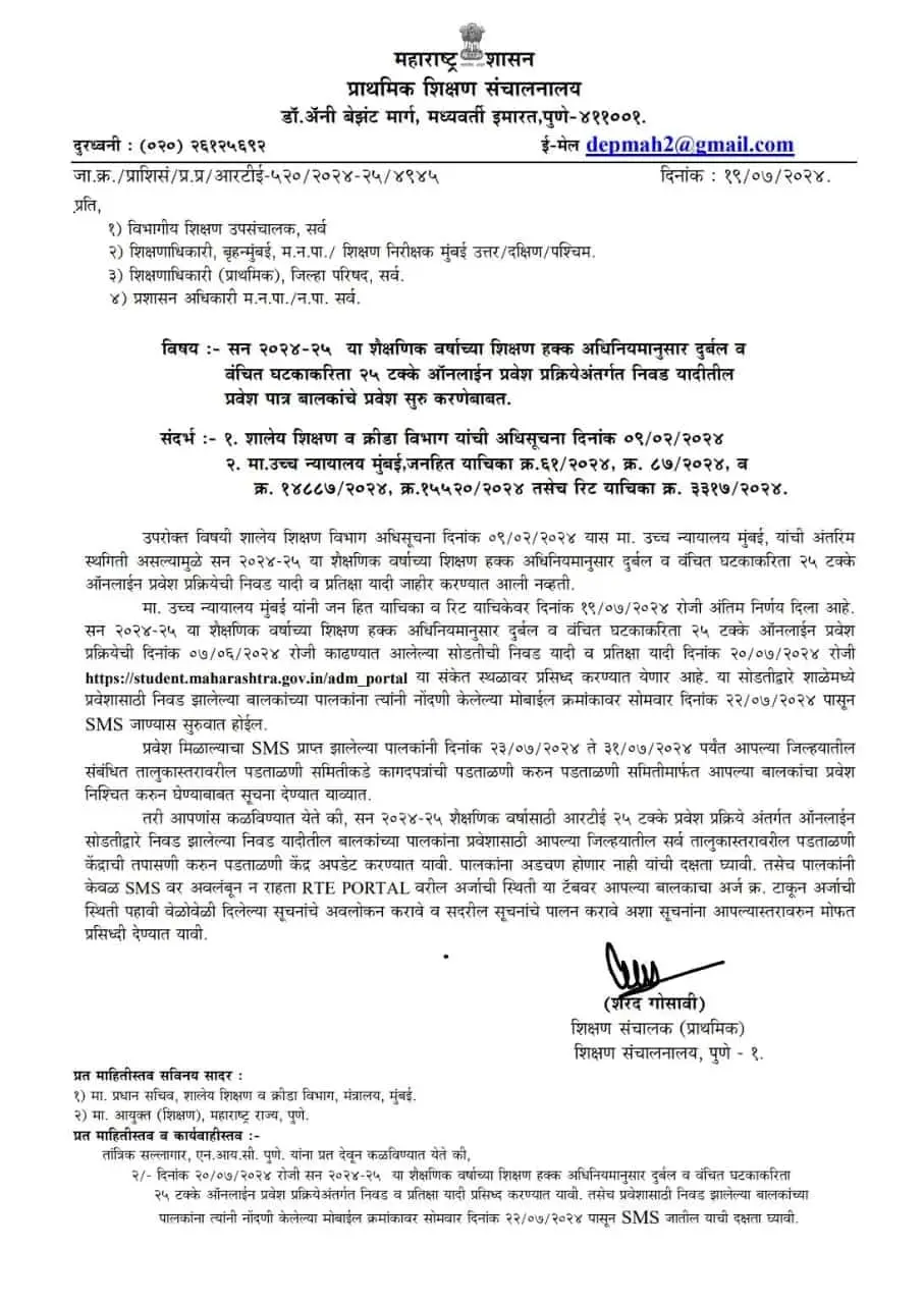 RTE Admission Lottery List LEtter