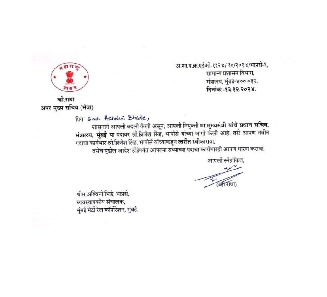 IAS Officer Ashwini Bhide Transferred ORDER